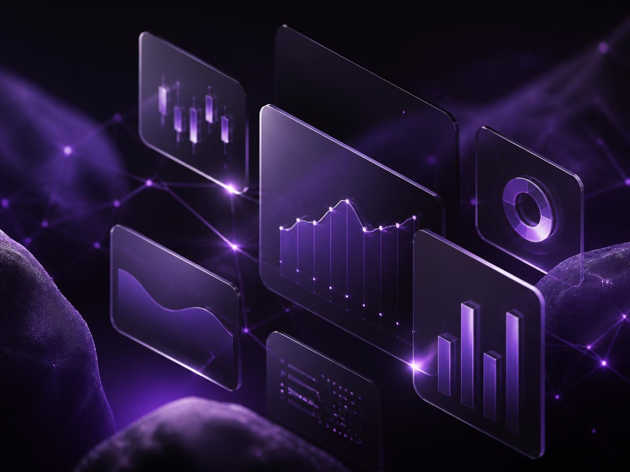 Painéis de gráficos financeiros com destaque em roxo